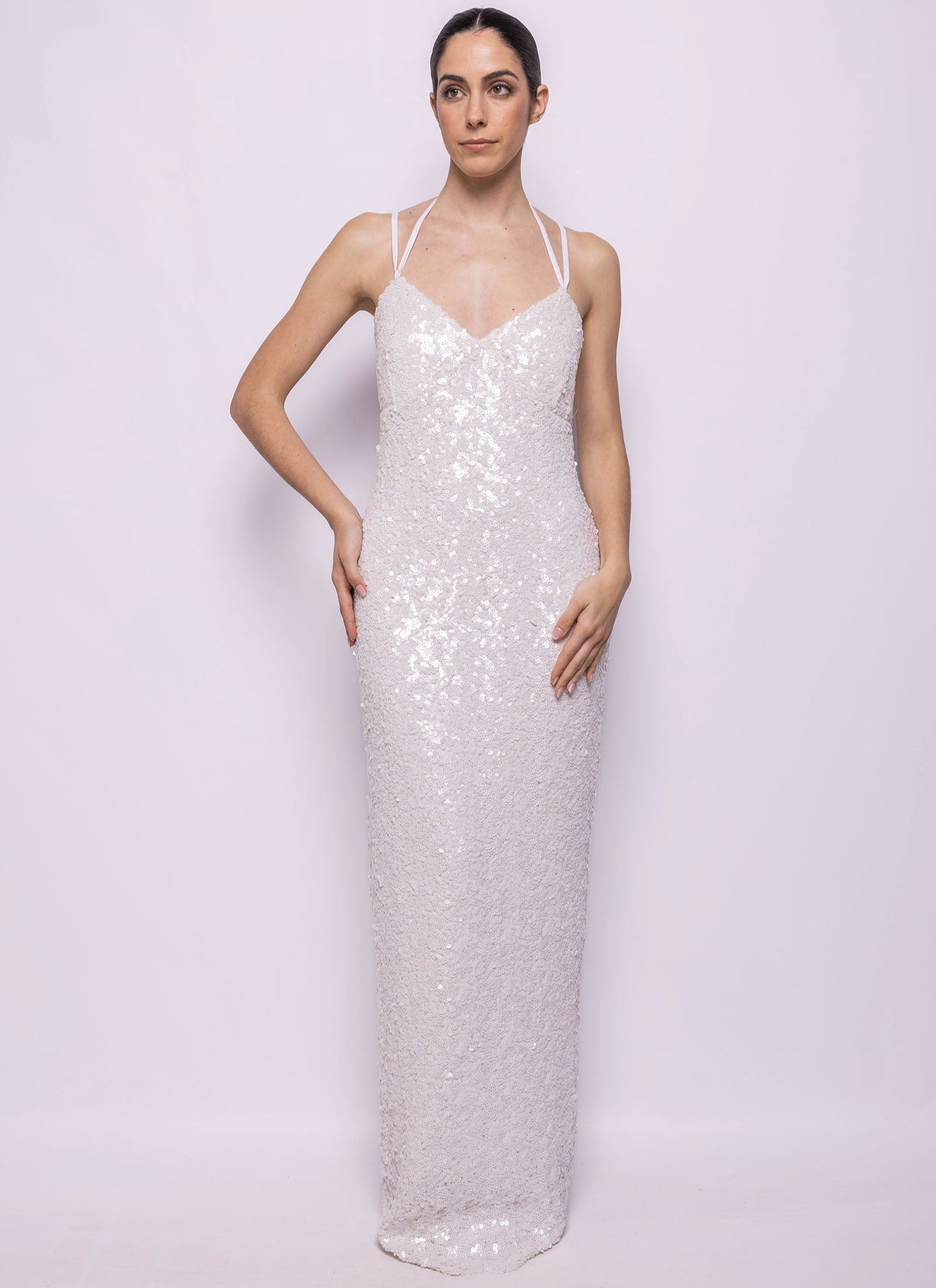 VESTIDO LARGO EN LENTEJUELA TRIDIMENSIONAL BLANCA