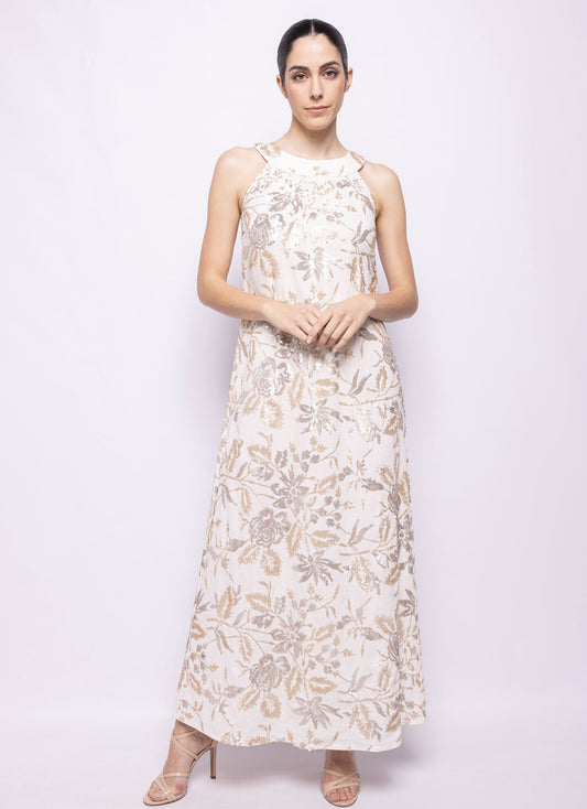VESTIDO EN BASE DE LINO Y ALGODÓN CON BORDADO DE LENTEJUELAS