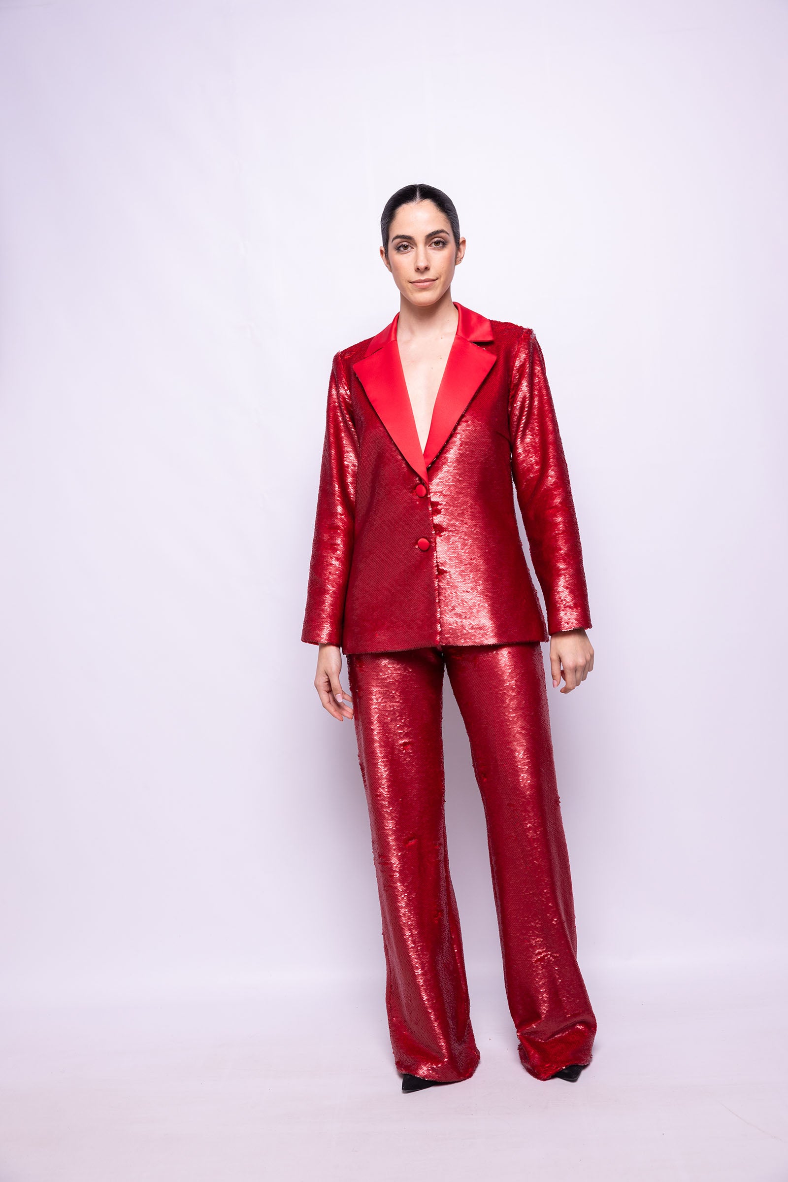 CHAQUETA EN PAILLETE ROJO MATE